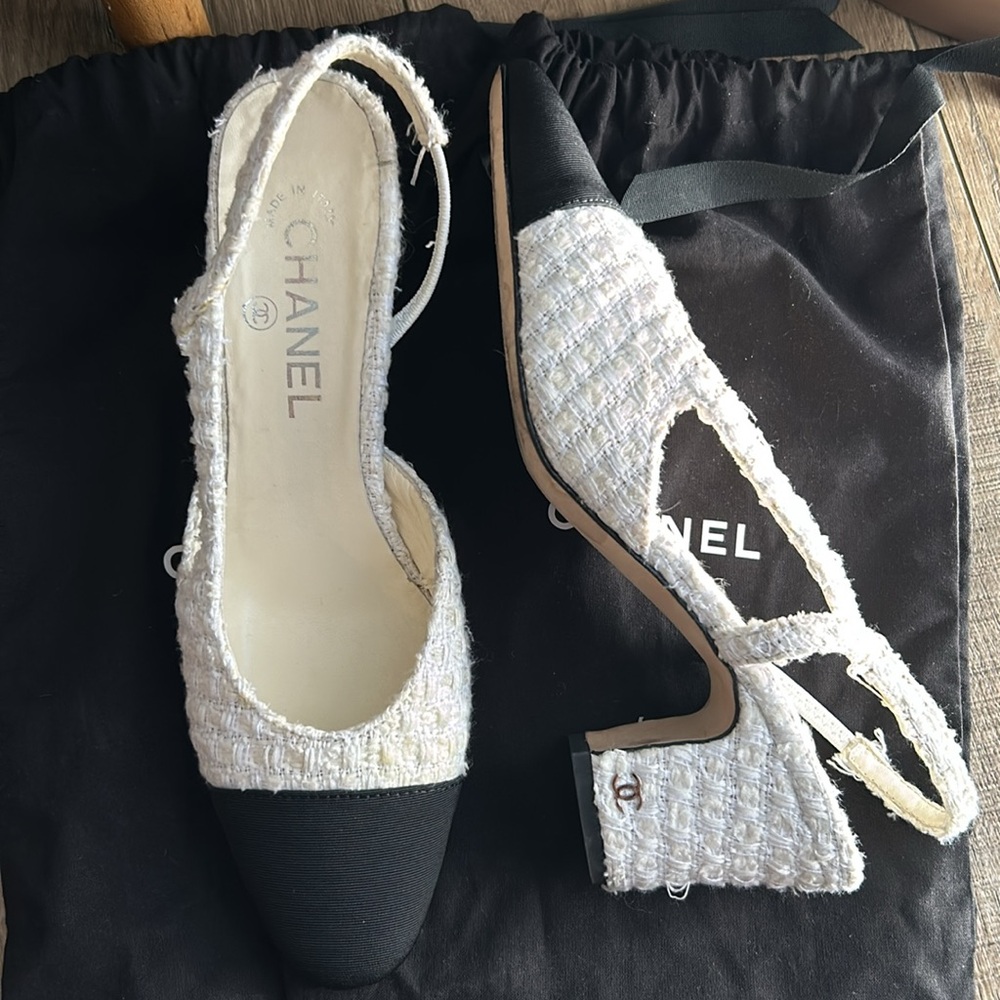 Chanel Tweed Cream/White Black Captoe Slingbacks EU 39C - Picture 3 of 14